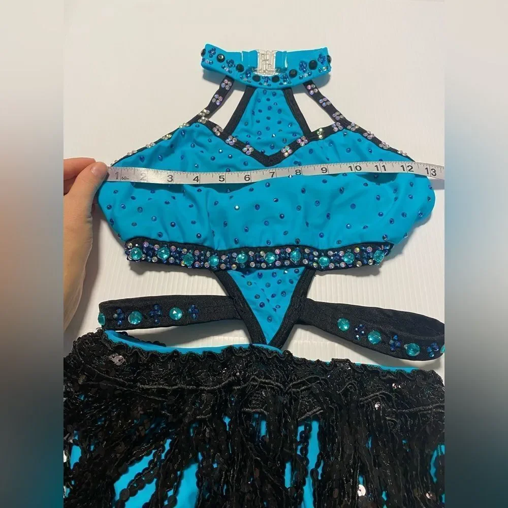 Rare Glamour competition solo dance costume teal fringe sassy jazz SA adult